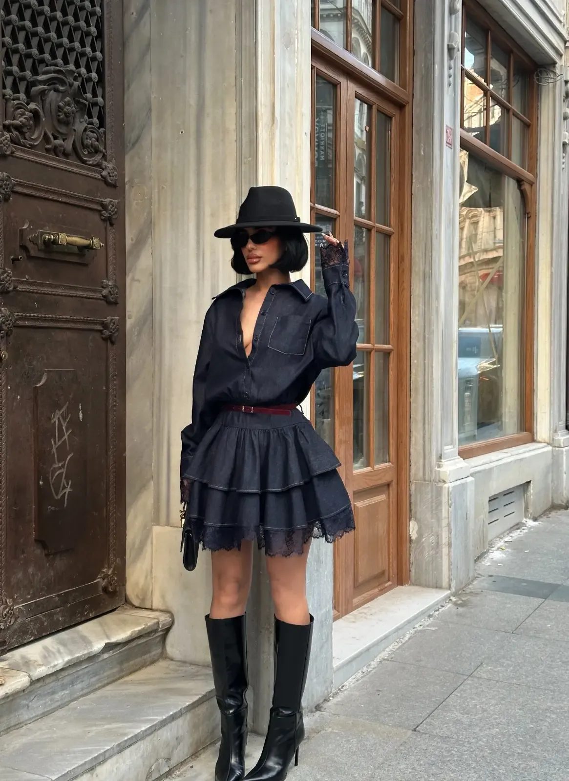 Likrasız Dantel Detaylı Denim Elbise