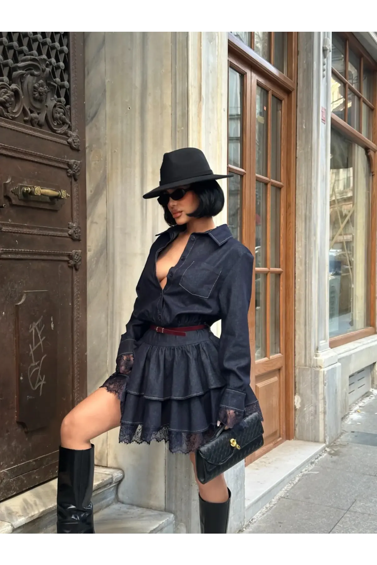 Likrasız Dantel Detaylı Denim Elbise