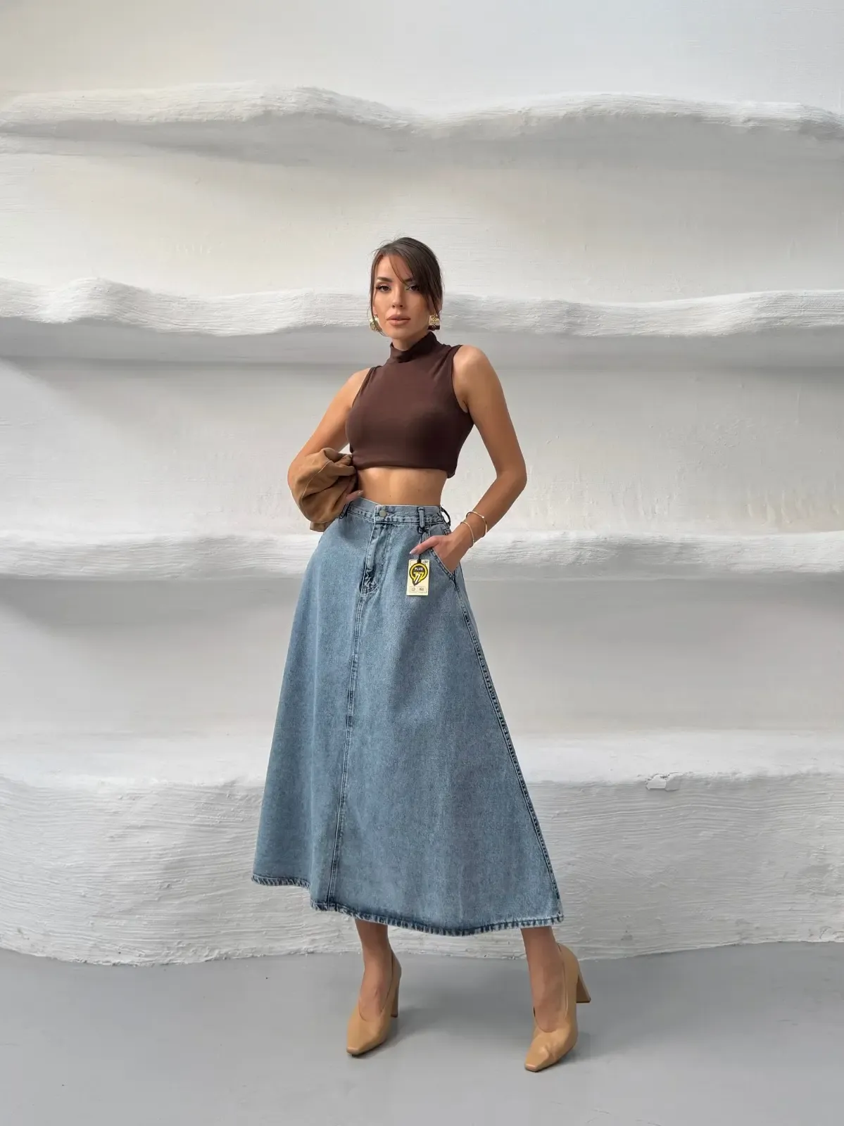 Likrasız Denim Çan Etek