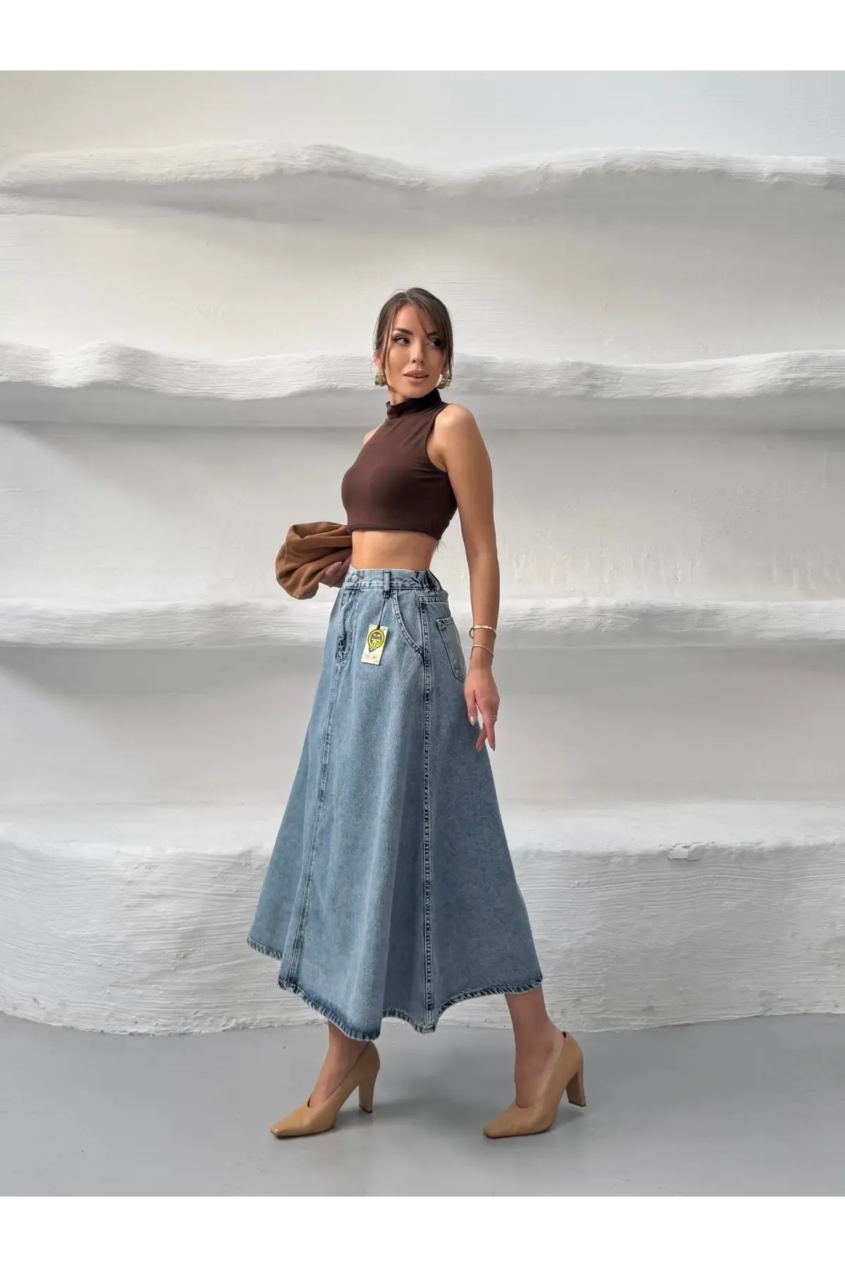 Likrasız Denim Çan Etek