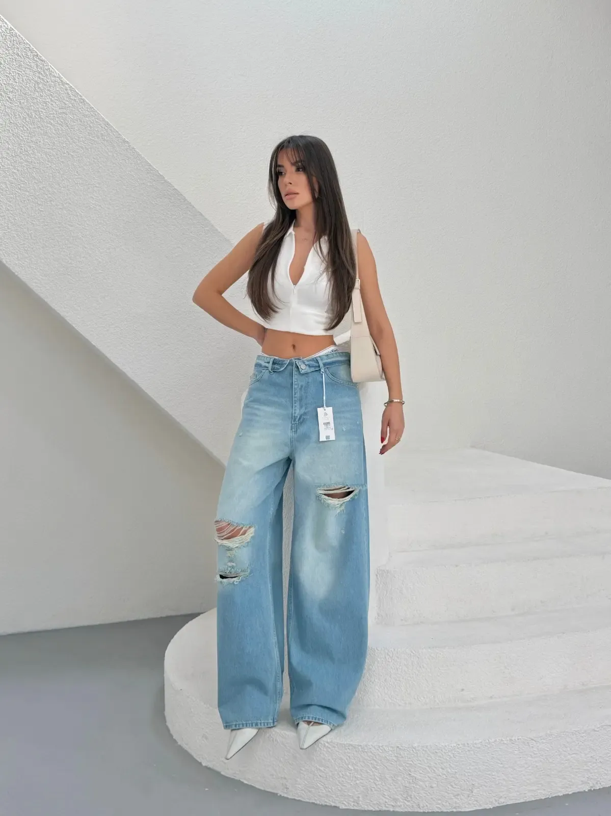 Likrasız Katlama Kemer Wide Leg Jeans