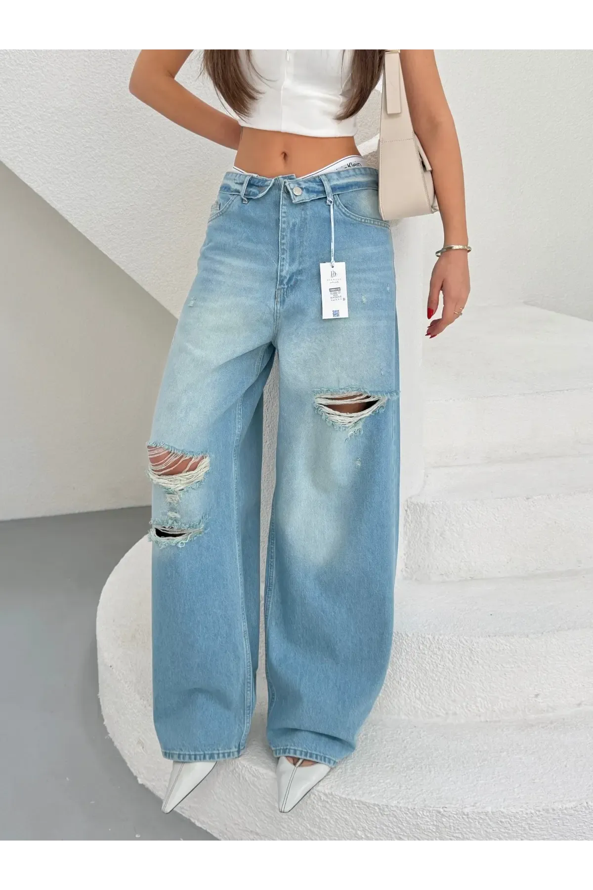 Likrasız Katlama Kemer Wide Leg Jeans