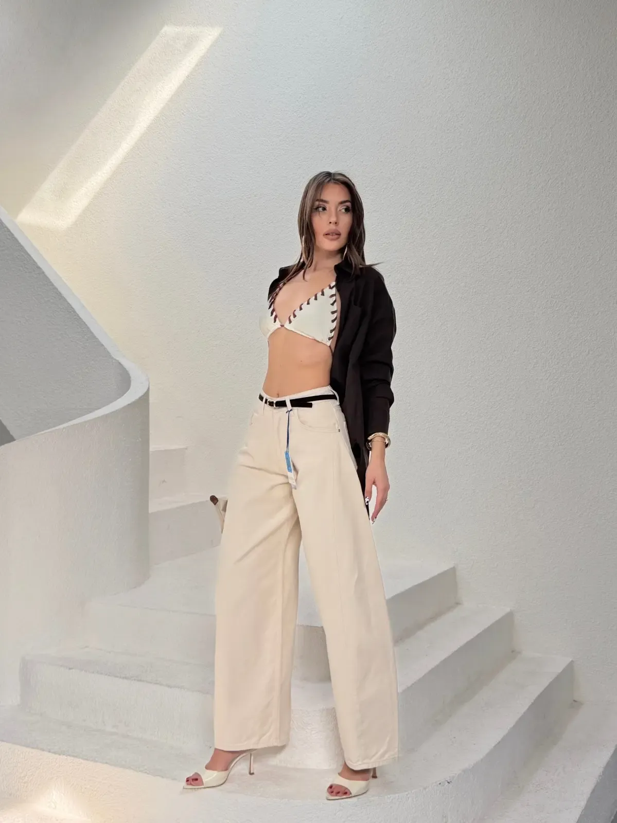 Likrasız Kemerli Balon Jean Pantalon