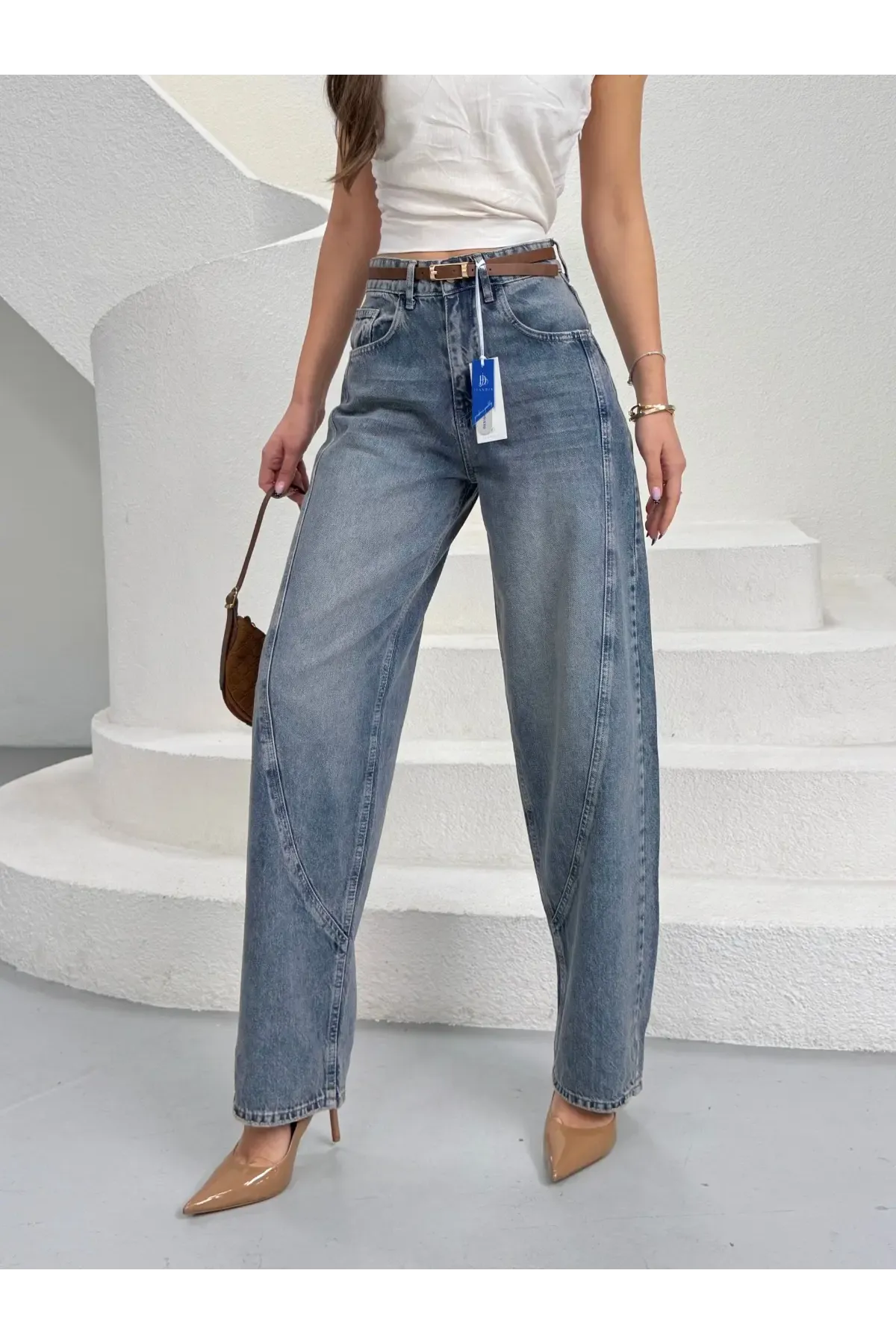 Likrasız Kemerli Balon Jeans