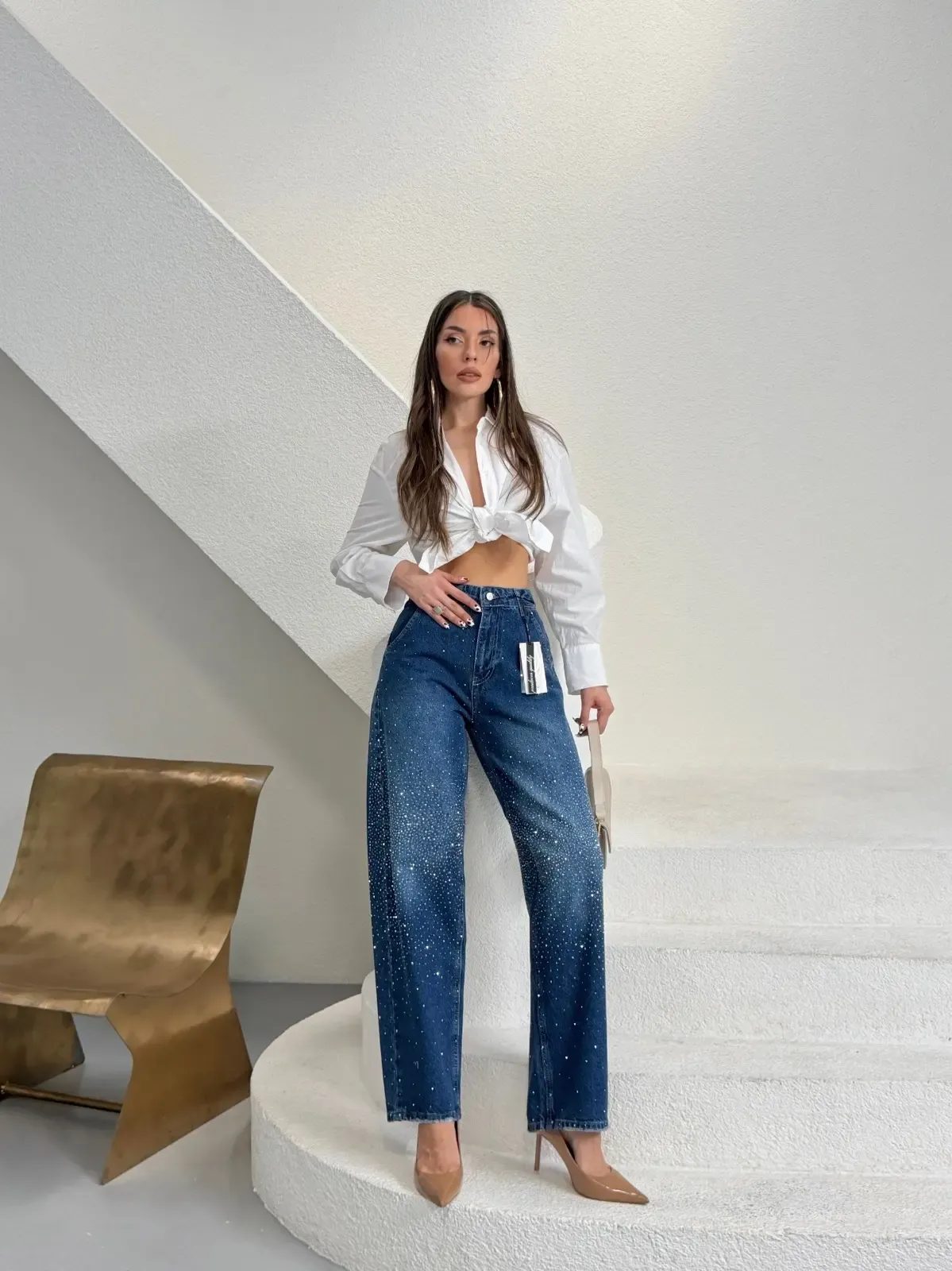 Likrasız Taşlı Balon Jean