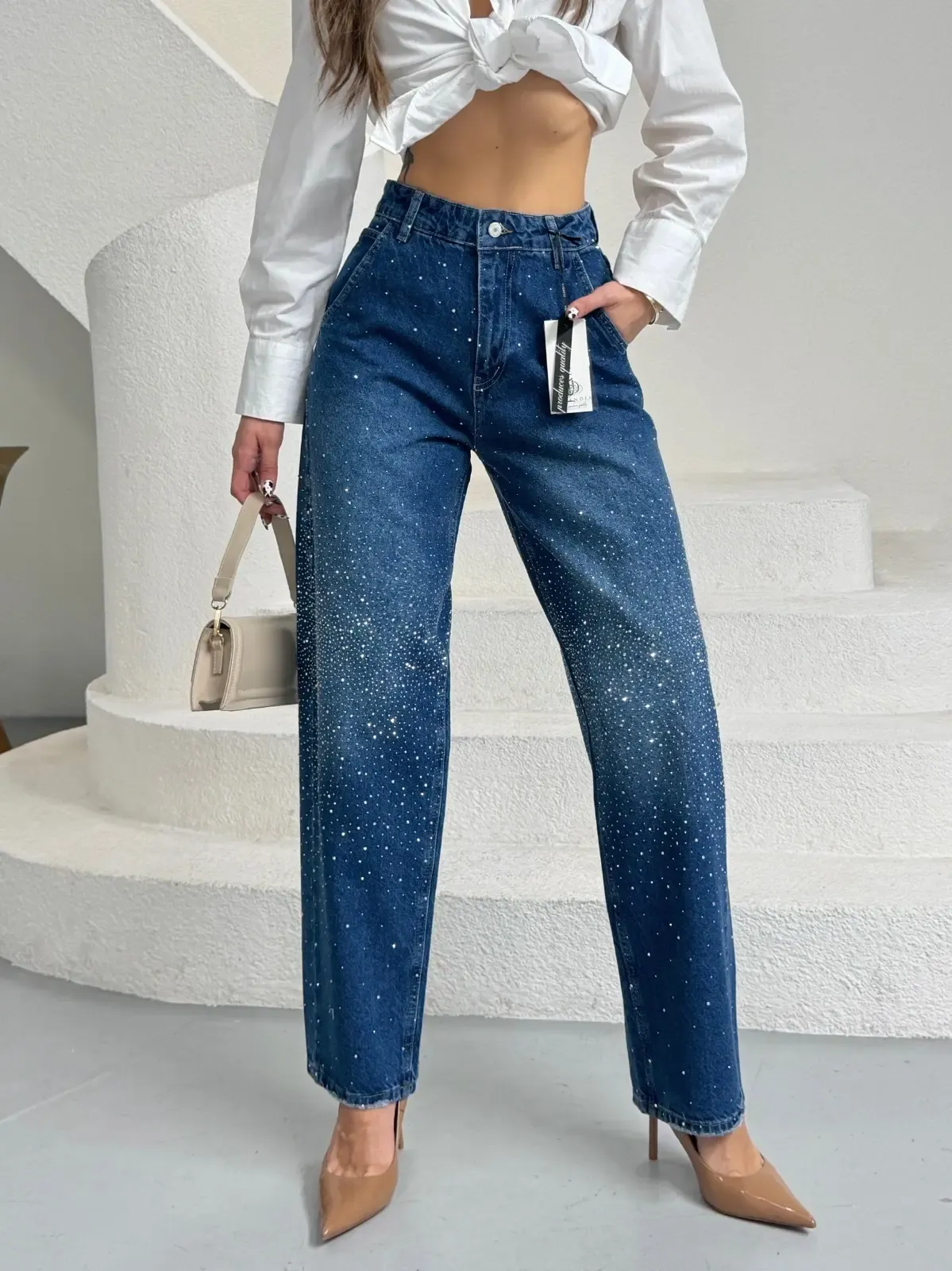 Likrasız Taşlı Balon Jean