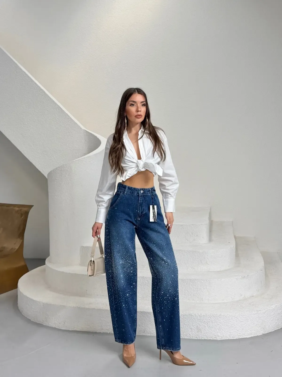 Likrasız Taşlı Balon Jean