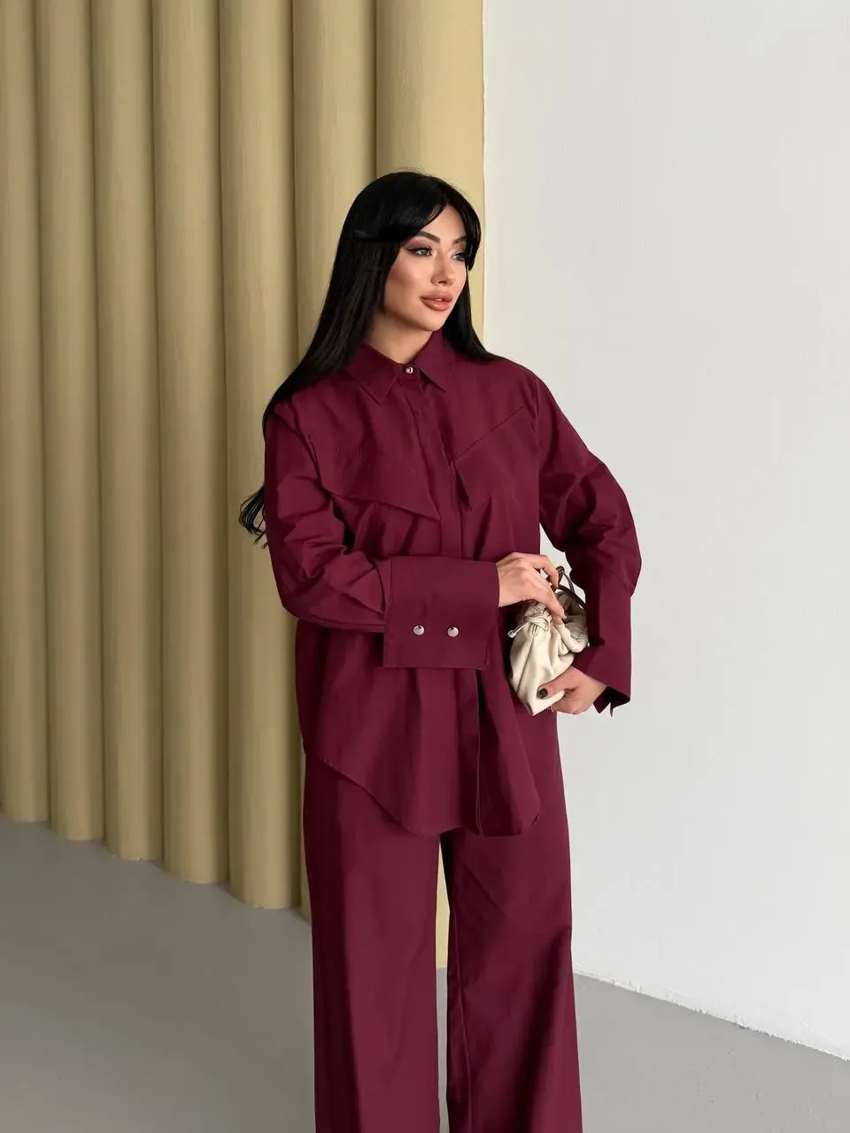 Manşet Detay Gömlek ve Pantalon Takım Bordo