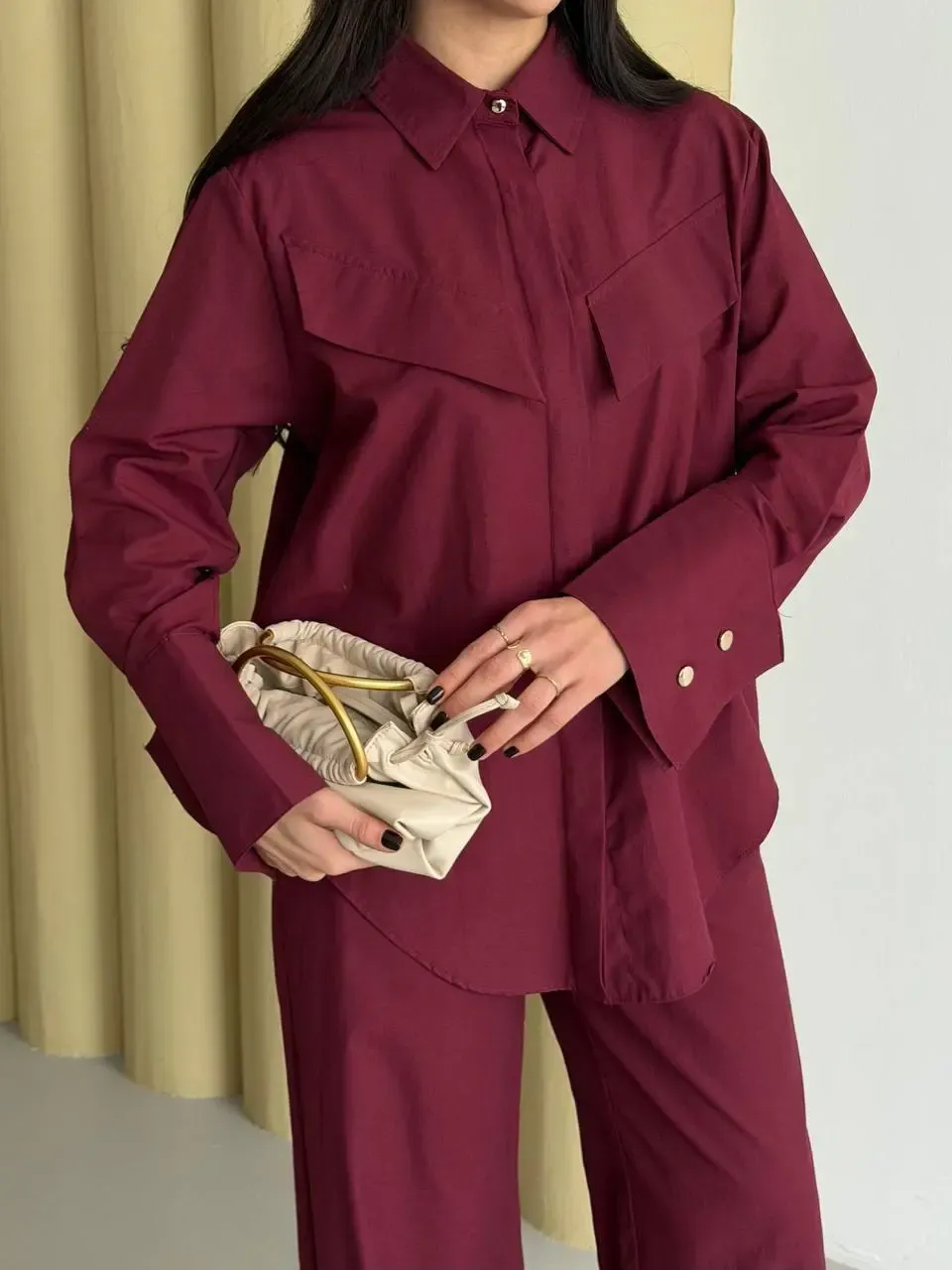 Manşet Detay Gömlek ve Pantalon Takım Bordo