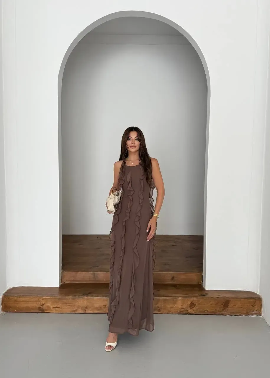 Maxi Boy Fırfır Detaylı Şifon Elbise