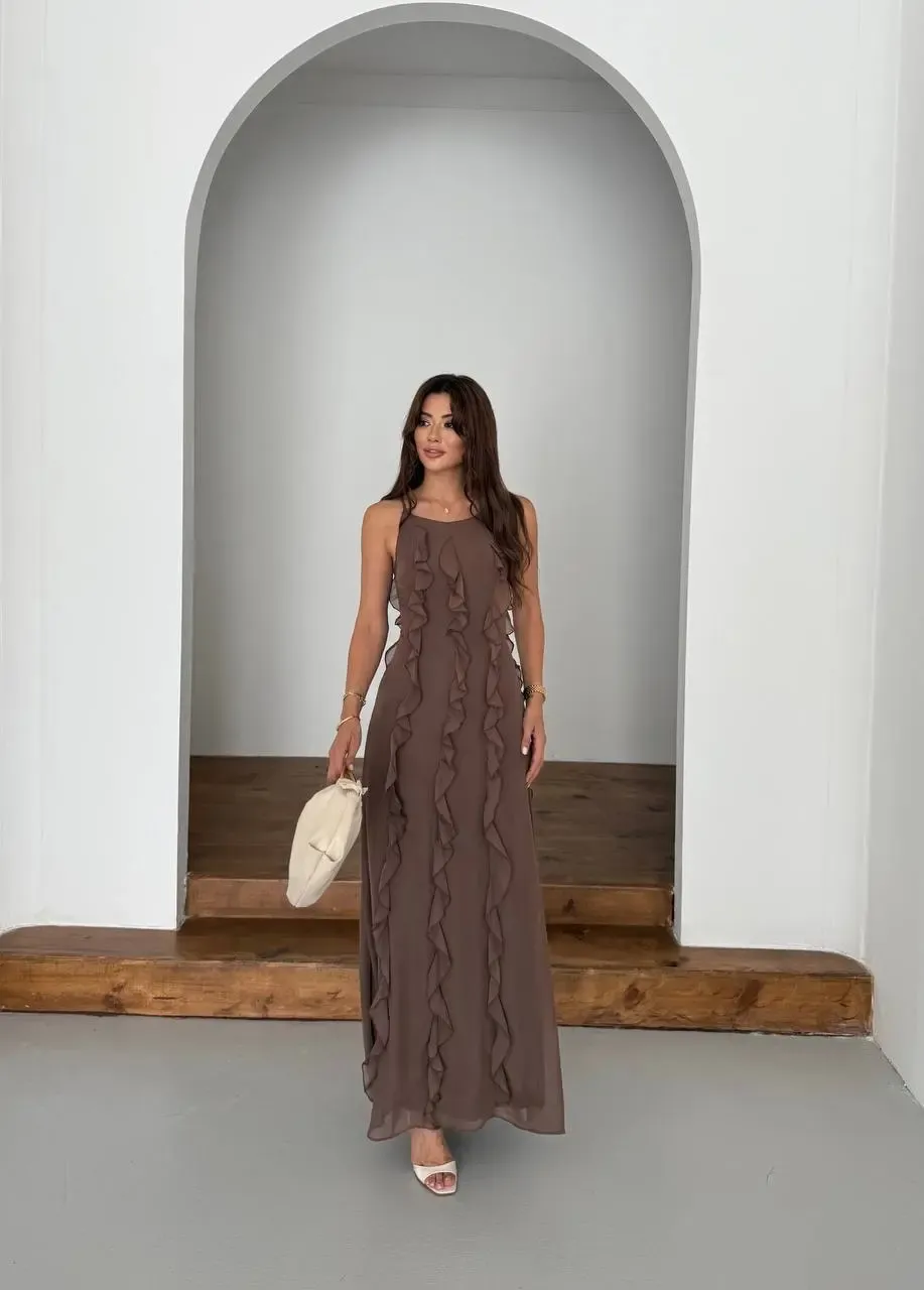 Maxi Boy Fırfır Detaylı Şifon Elbise