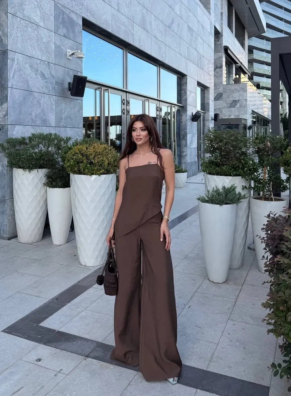 Modal Kumaş Asimetreik Kesim Alt Üst Takım Kahve