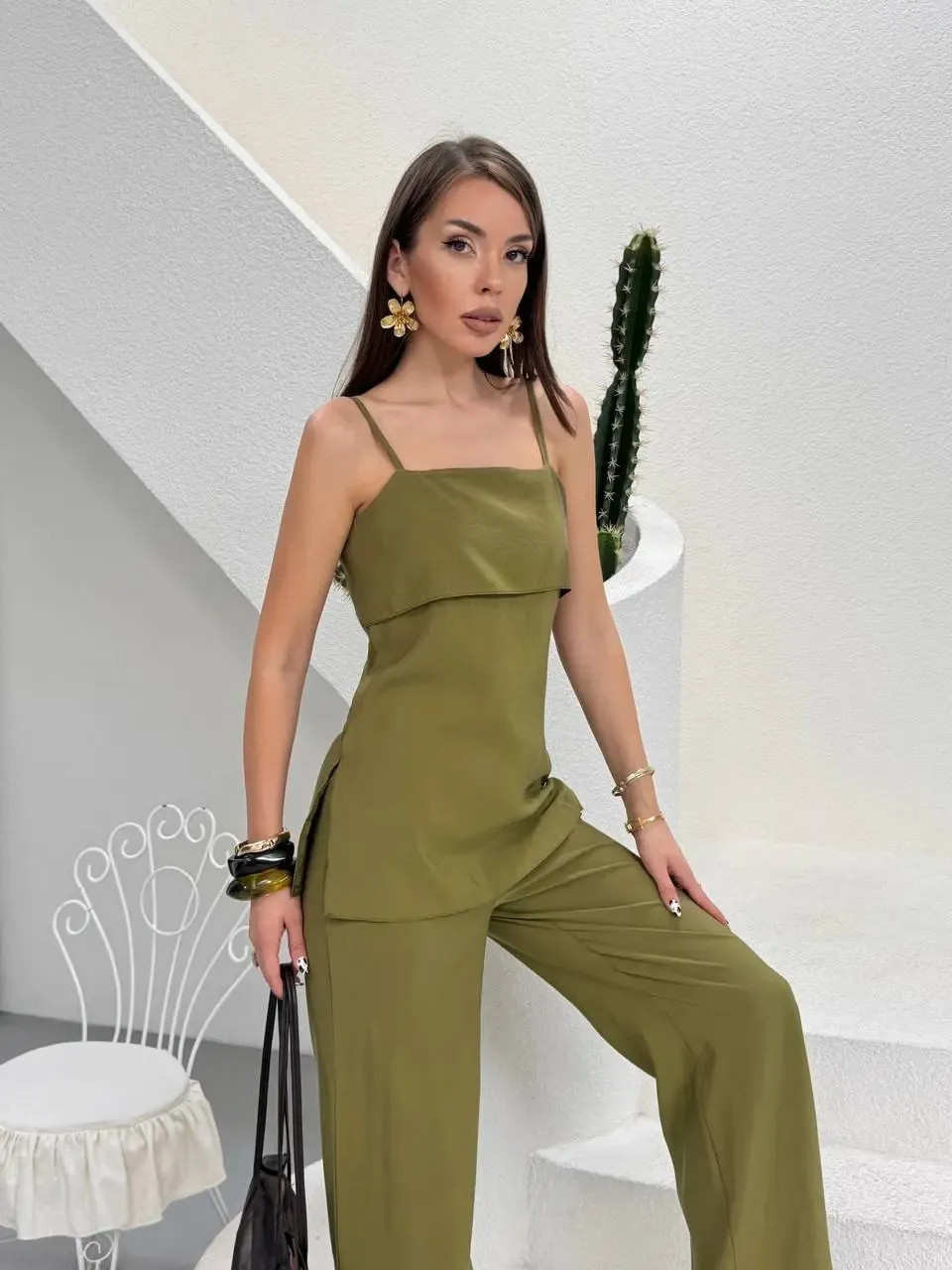 Modal Kumaş Askılı Bluz Alt Üst Takım Haki