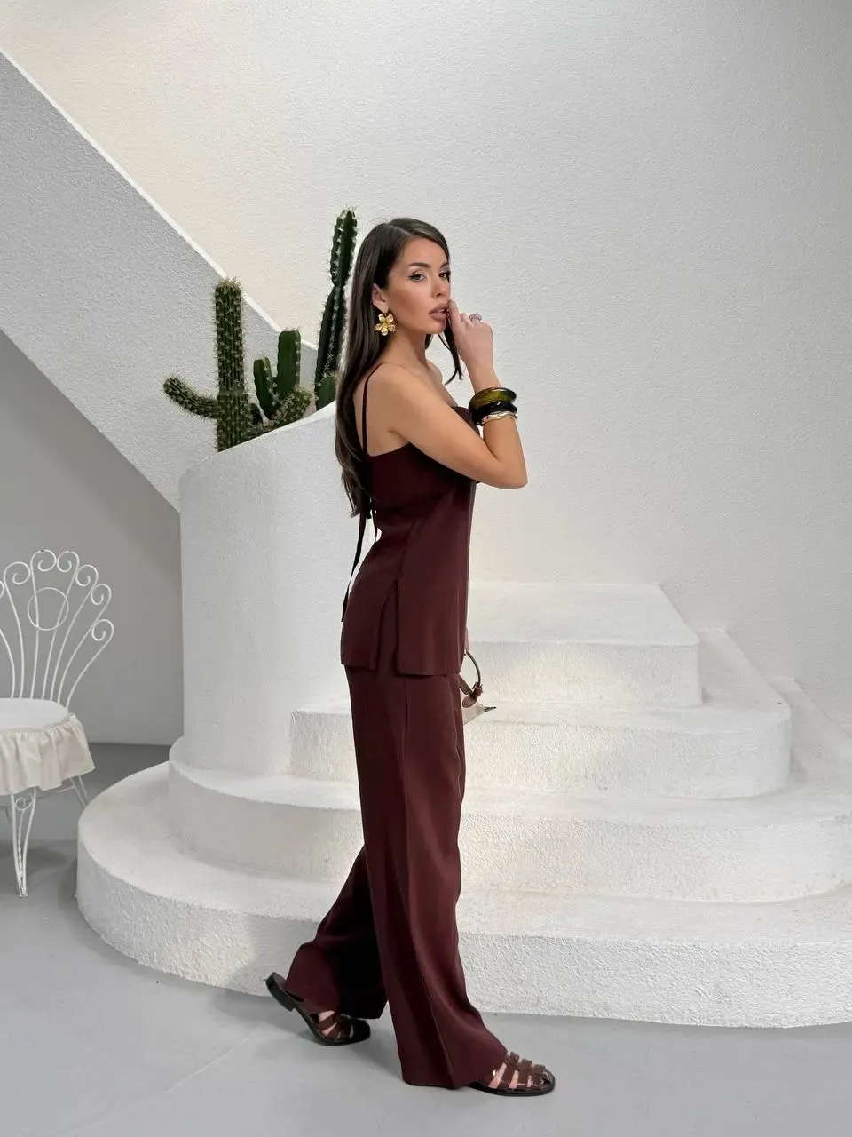 Modal Kumaş Askılı Bluz Alt Üst Takım Kahve