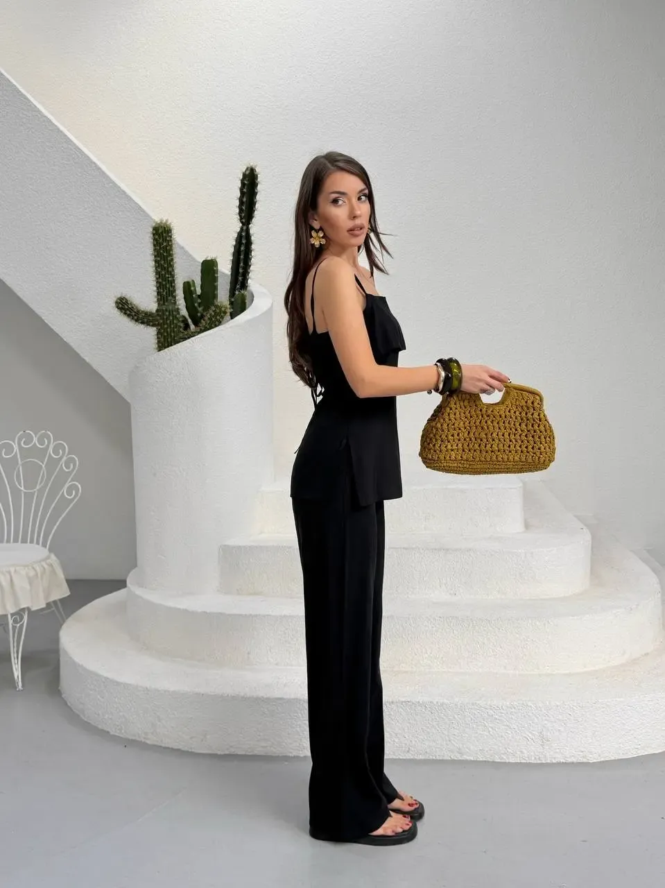 Modal Kumaş Askılı Bluz Alt Üst Takım Siyah