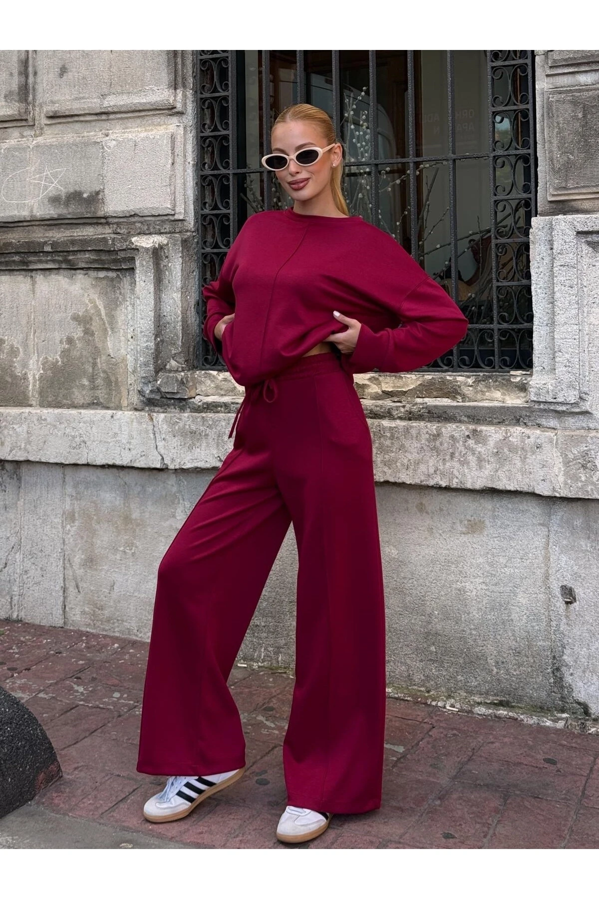 Modal Kumaş Bordo Oversize Sweat İkili Takım