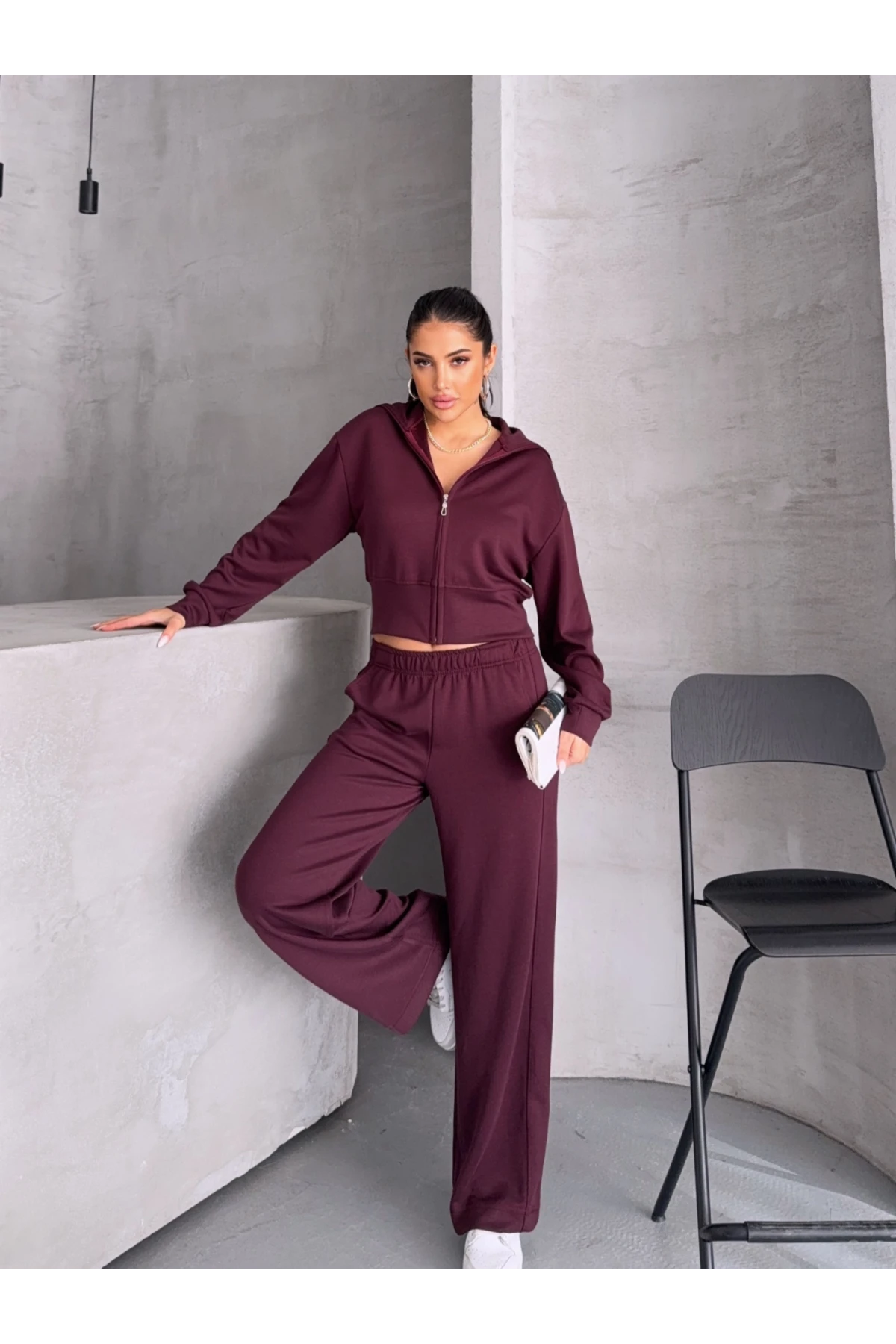 Modal Kumaş Crop Üst Eşofman Takım Bordo