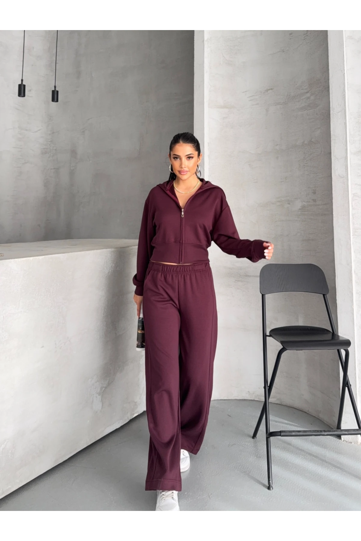 Modal Kumaş Crop Üst Eşofman Takım Bordo