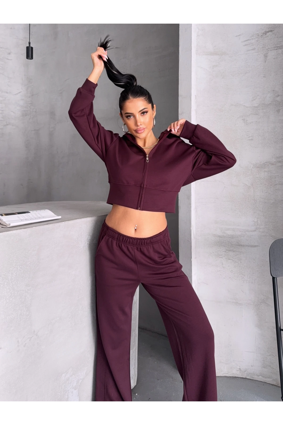 Modal Kumaş Crop Üst Eşofman Takım Bordo