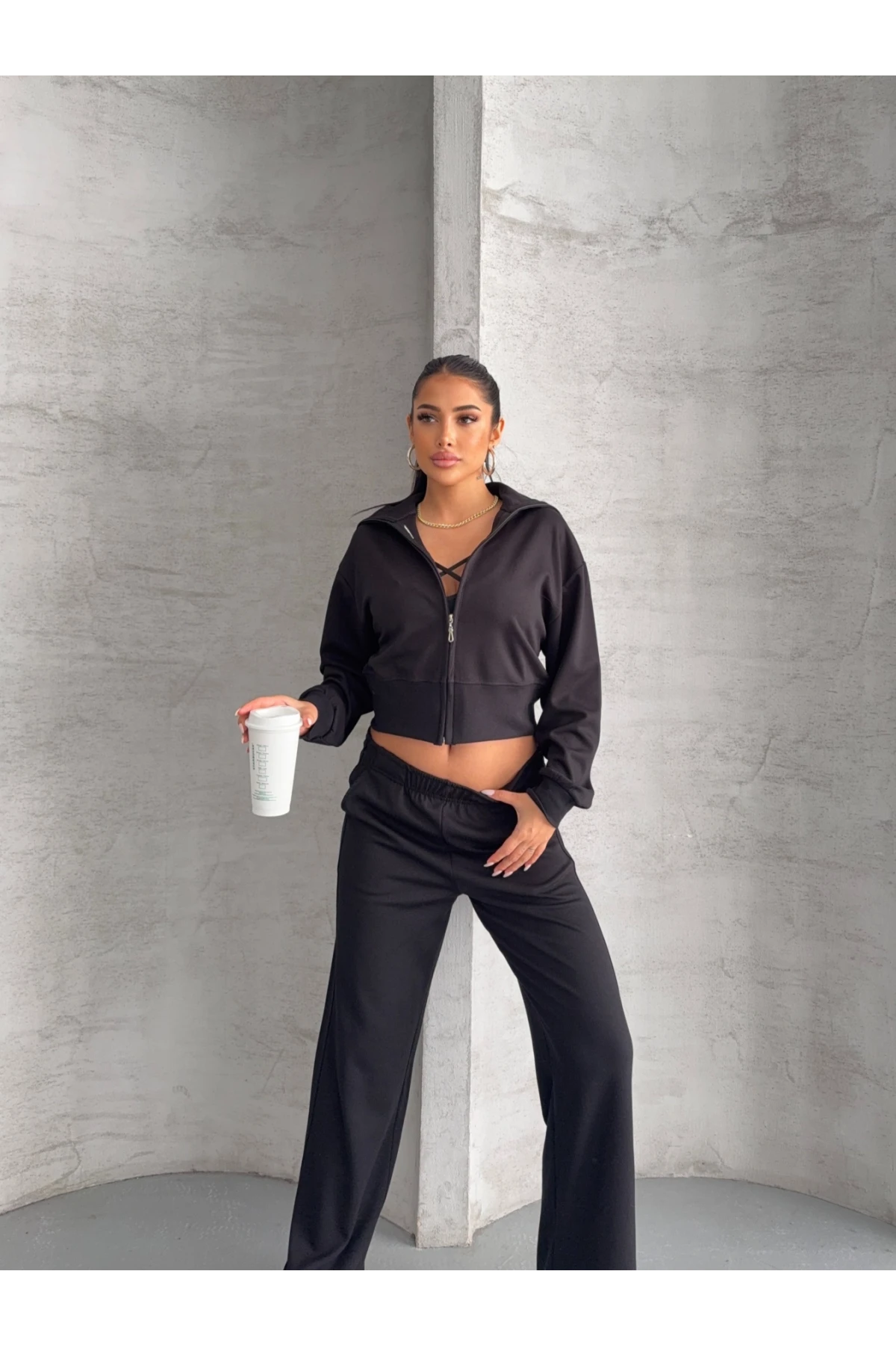 Modal Kumaş Crop Üst Eşofman Takım Siyah