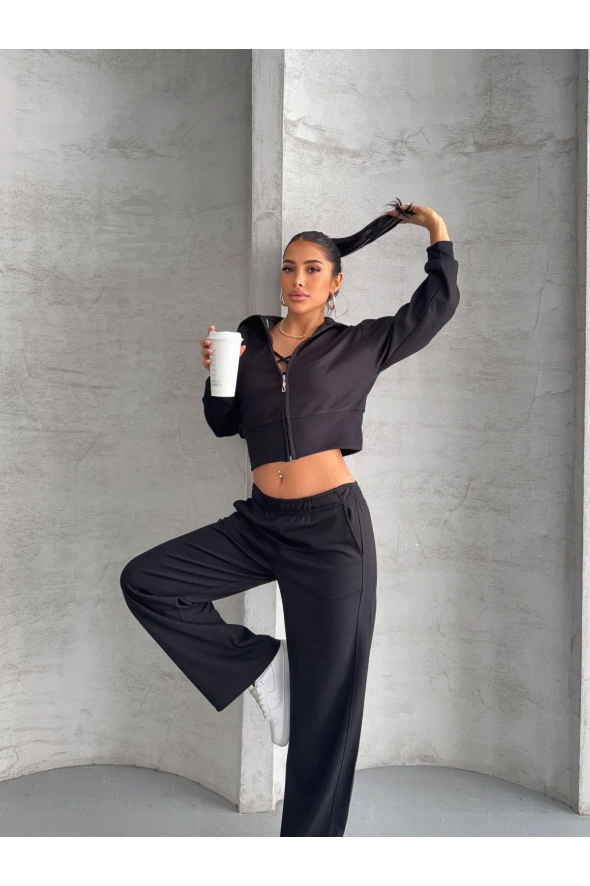 Modal Kumaş Crop Üst Eşofman Takım Siyah