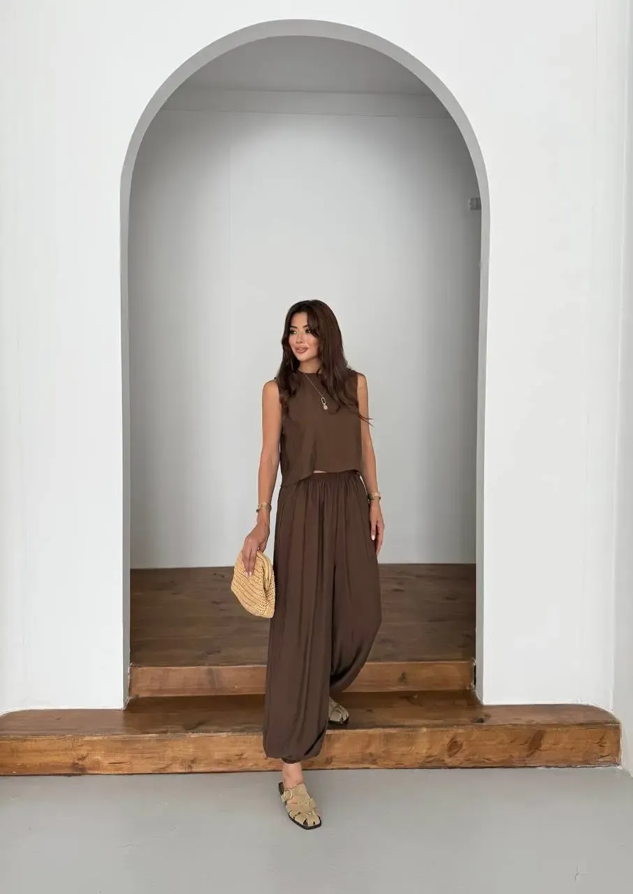 Modal Kumaş Kolsuz Bluz Şalvar Pantalon Alt Üst Takım Kahve