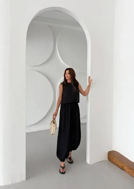 Modal Kumaş Kolsuz Bluz Şalvar Pantalon Alt Üst Takım Siyah