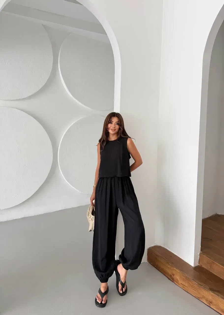 Modal Kumaş Kolsuz Bluz Şalvar Pantalon Alt Üst Takım Siyah