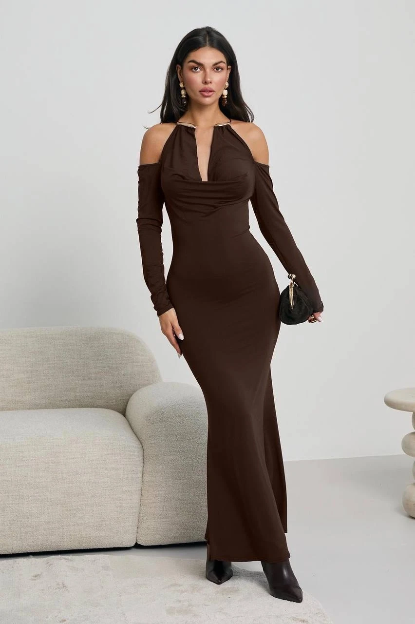 Modal Kumaş Likralı Aksesuar Detay Maxi Elbise