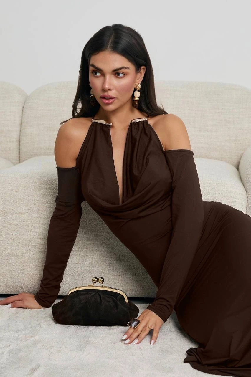 Modal Kumaş Likralı Aksesuar Detay Maxi Elbise