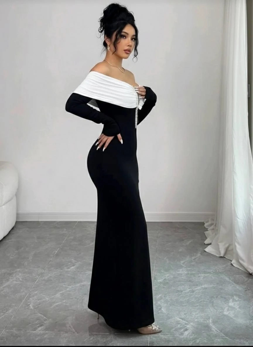 Modal Kumaş Likralı İnci Detaylı Maxi Boy Elbise