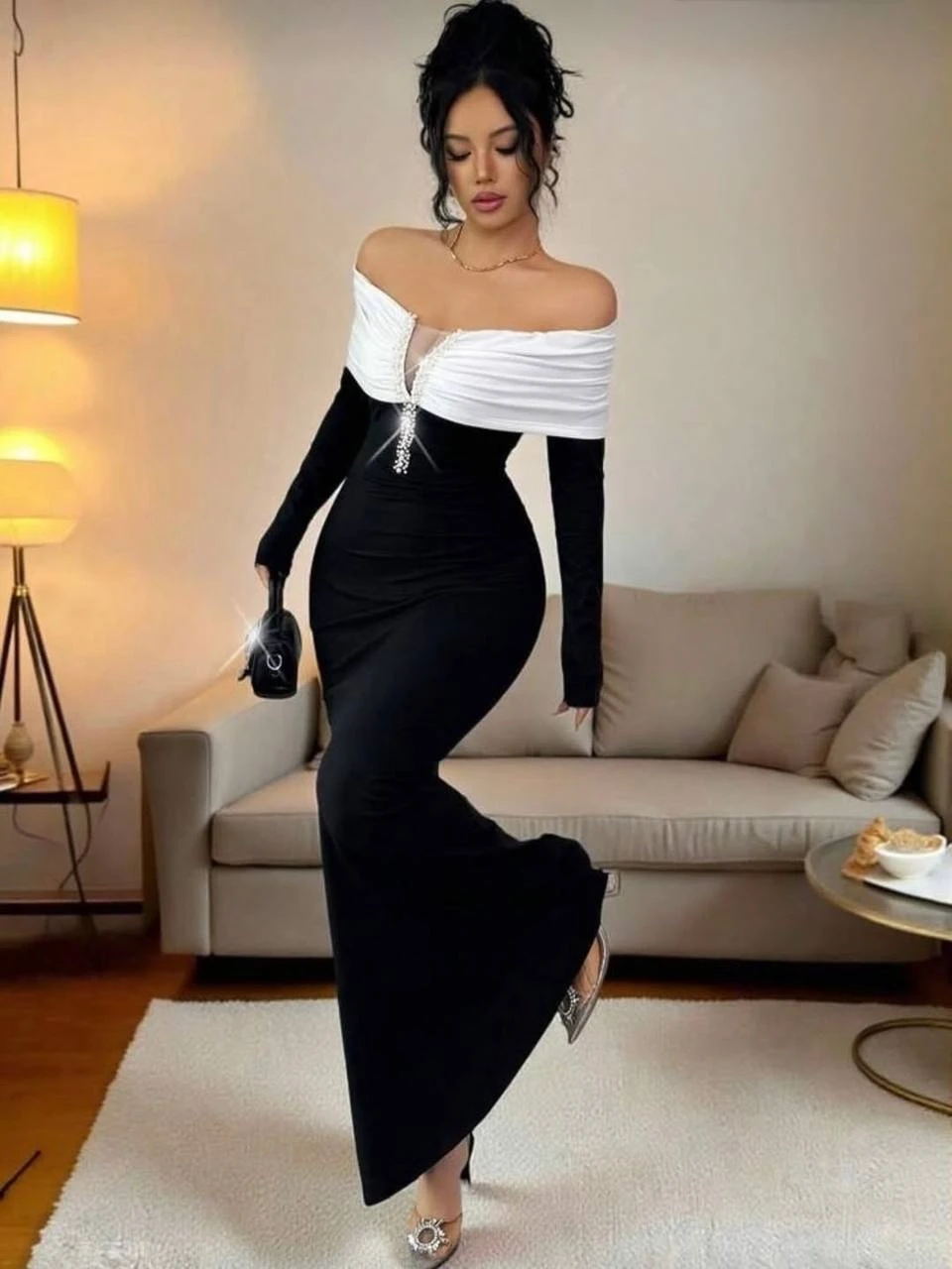 Modal Kumaş Likralı İnci Detaylı Maxi Boy Elbise