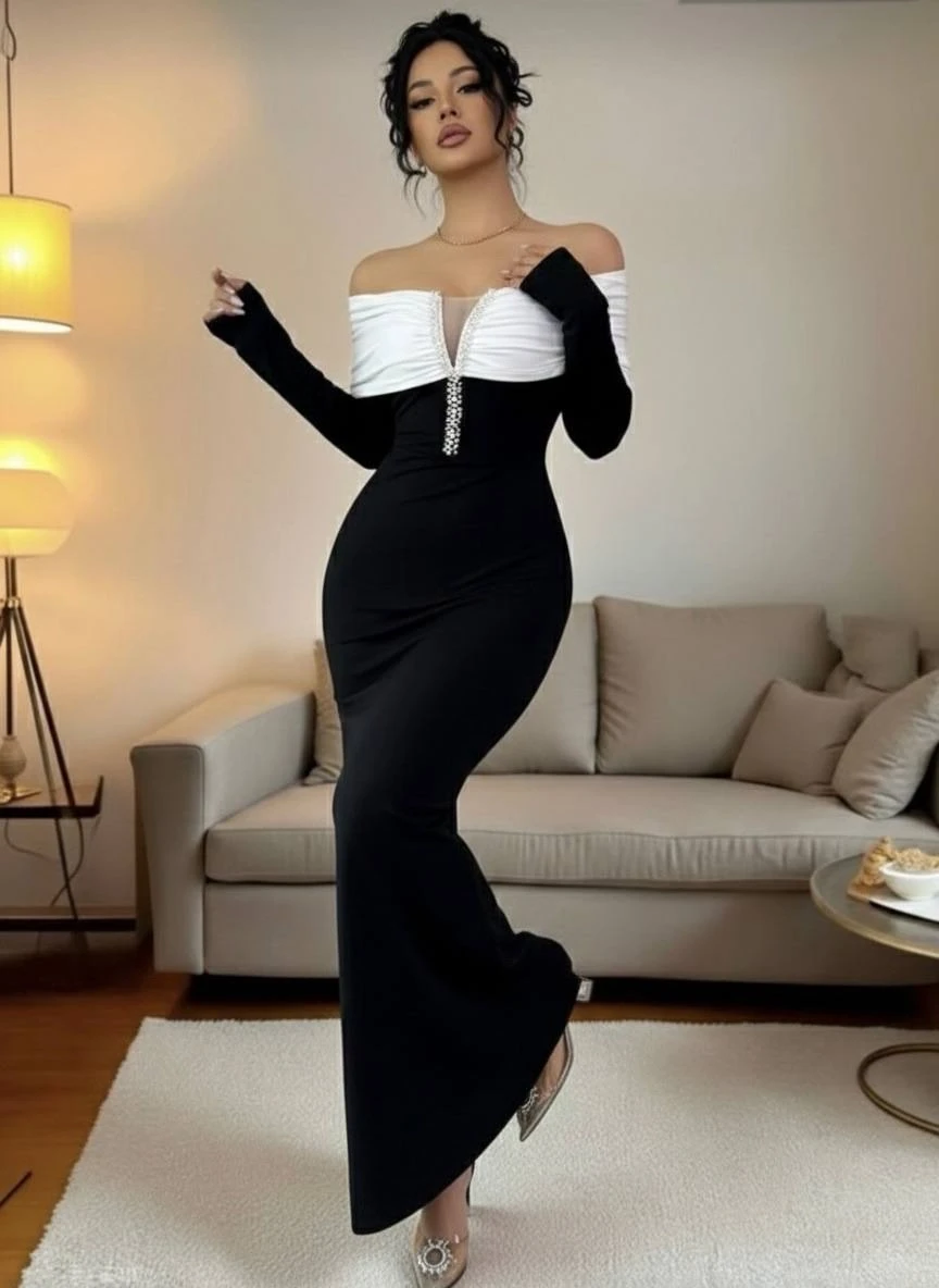 Modal Kumaş Likralı İnci Detaylı Maxi Boy Elbise