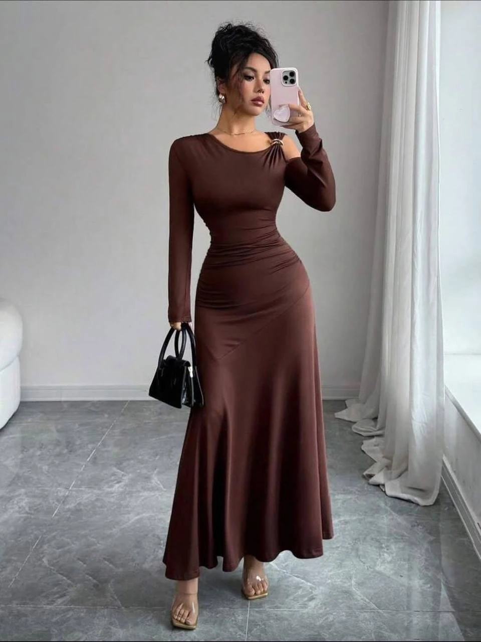 Modal Kumaş Metal Aksesuar Detay Drapeli Maxi Boy Elbise