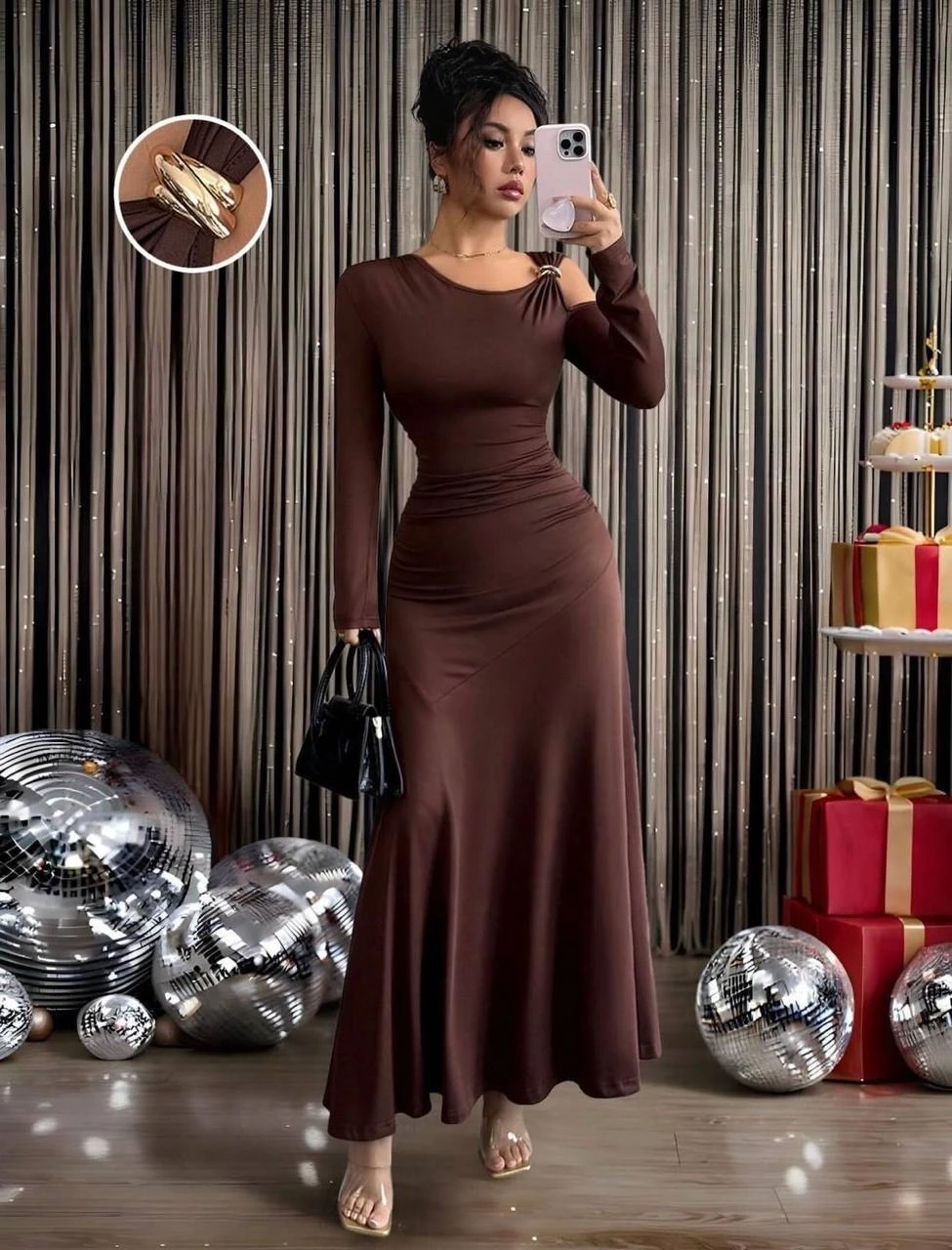 Modal Kumaş Metal Aksesuar Detay Drapeli Maxi Boy Elbise