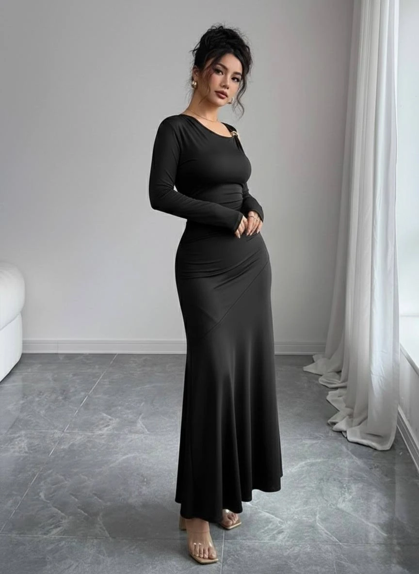 Modal Kumaş Metal Aksesuar Detay Drapeli Maxi Boy Elbise