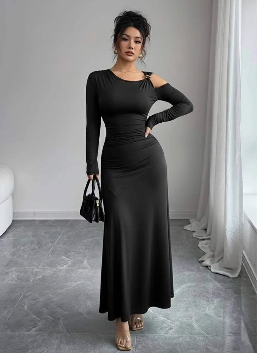 Modal Kumaş Metal Aksesuar Detay Drapeli Maxi Boy Elbise