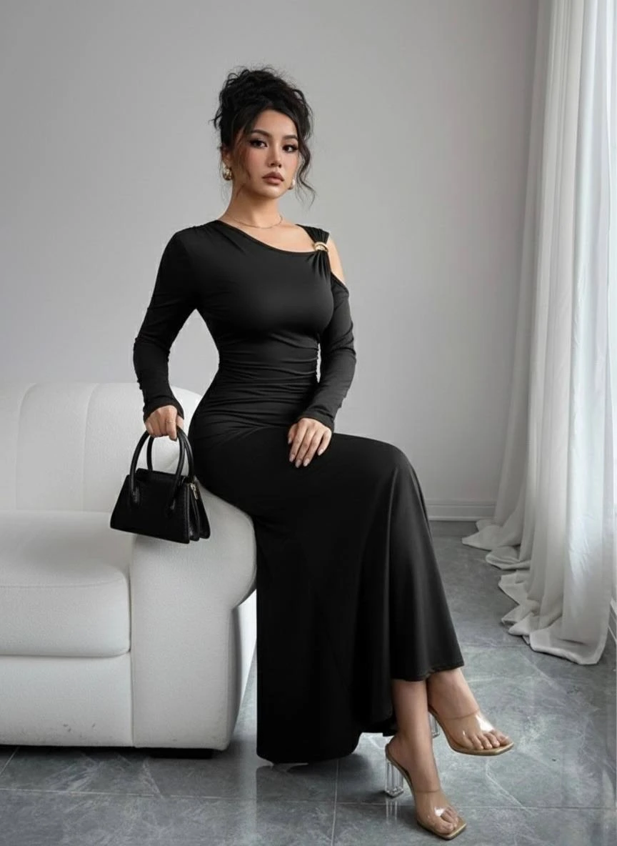 Modal Kumaş Metal Aksesuar Detay Drapeli Maxi Boy Elbise