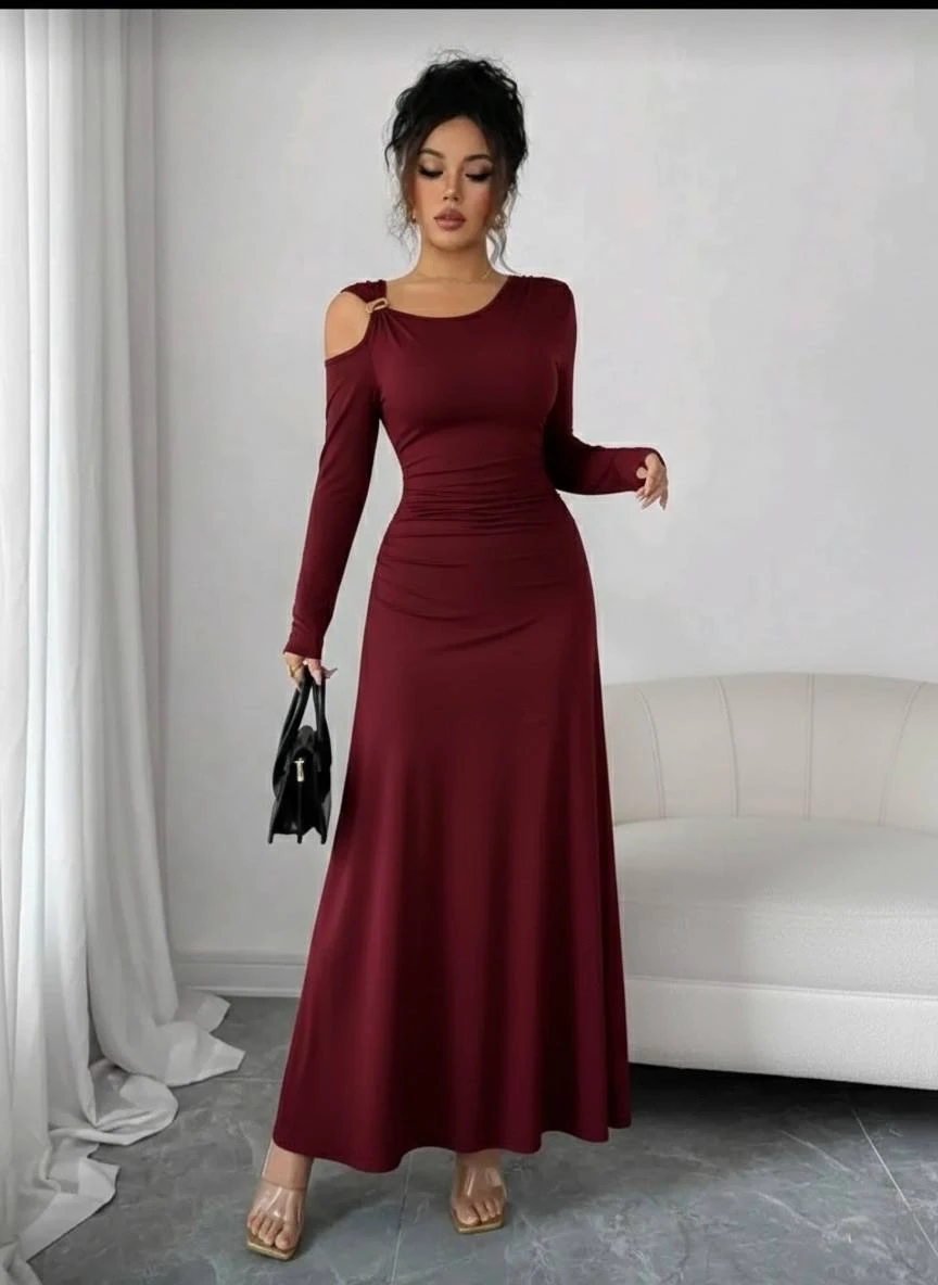 Modal Kumaş Metal Aksesuar Detay Drapeli Maxi Boy Elbise