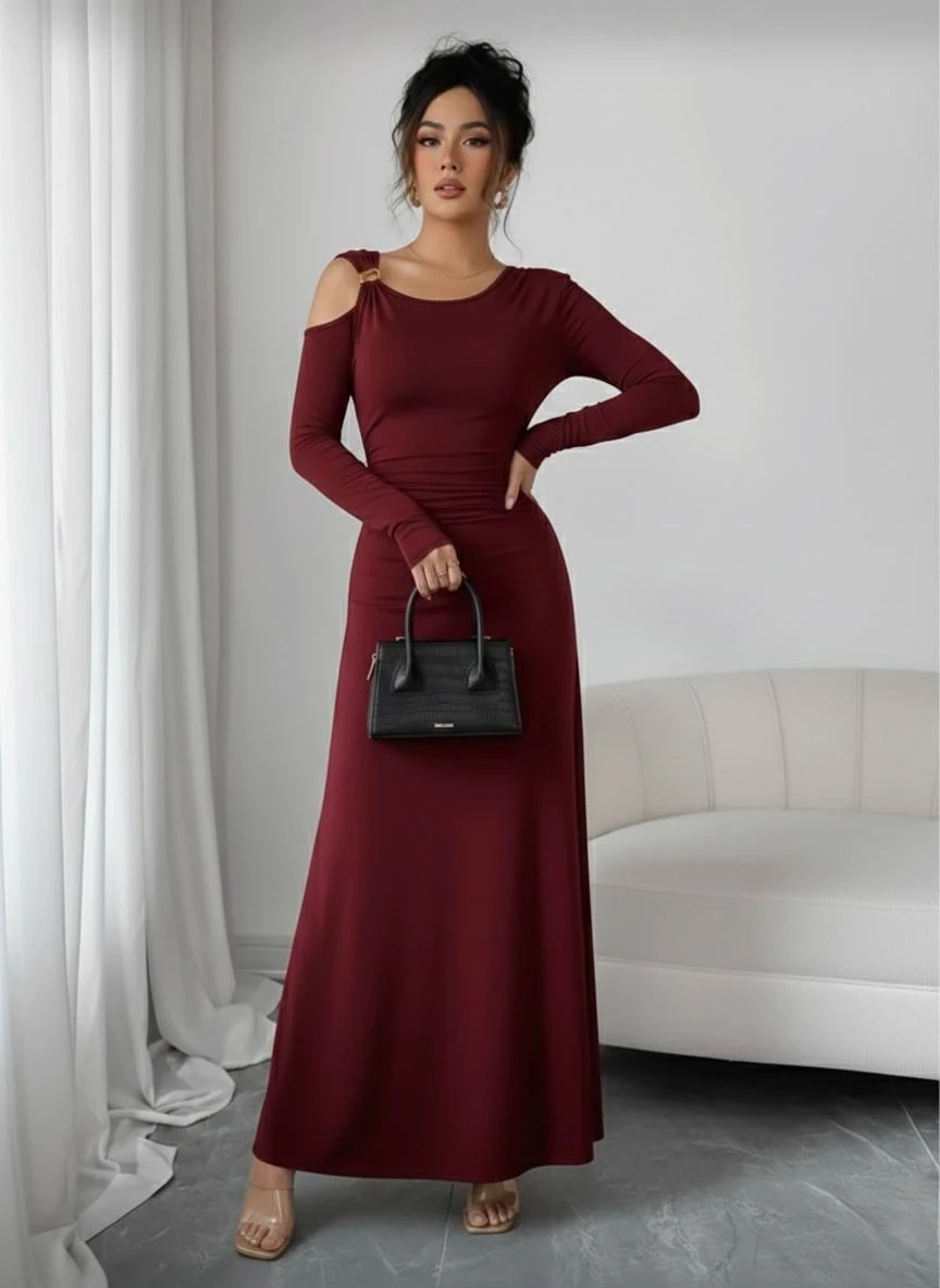 Modal Kumaş Metal Aksesuar Detay Drapeli Maxi Boy Elbise