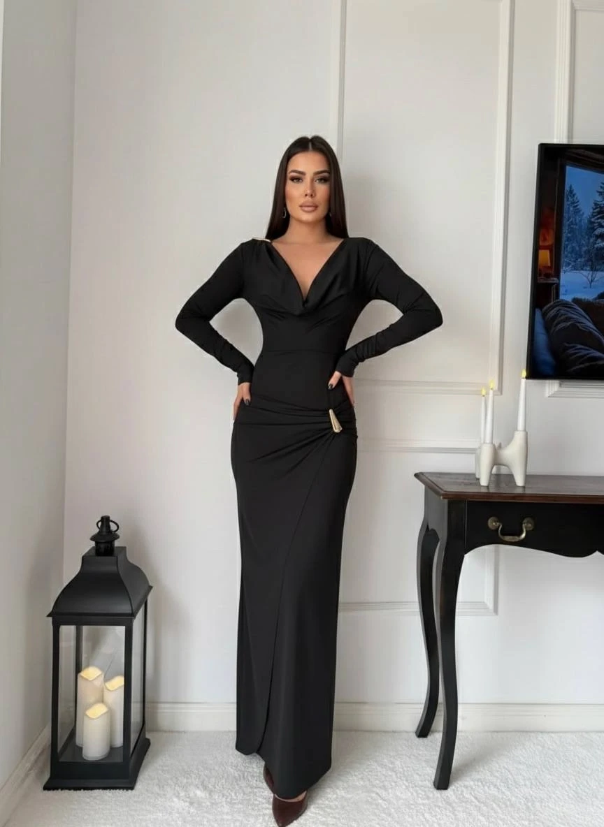 Modal Kumaş Metal Aksesuar Detay Maxi Elbise