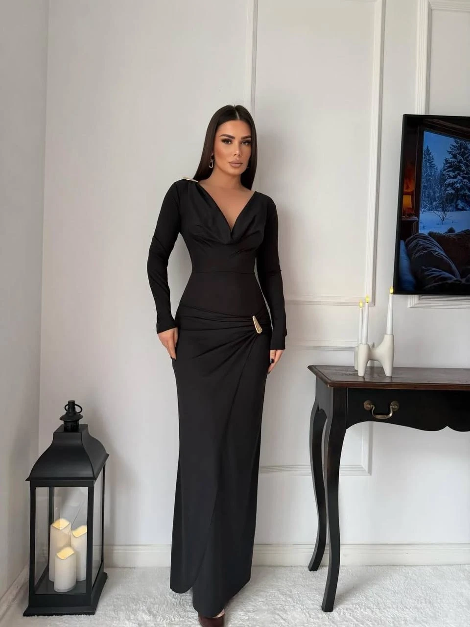 Modal Kumaş Metal Aksesuar Detay Maxi Elbise