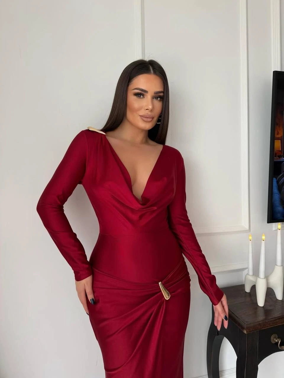 Modal Kumaş Metal Aksesuar Detay Maxi Elbise