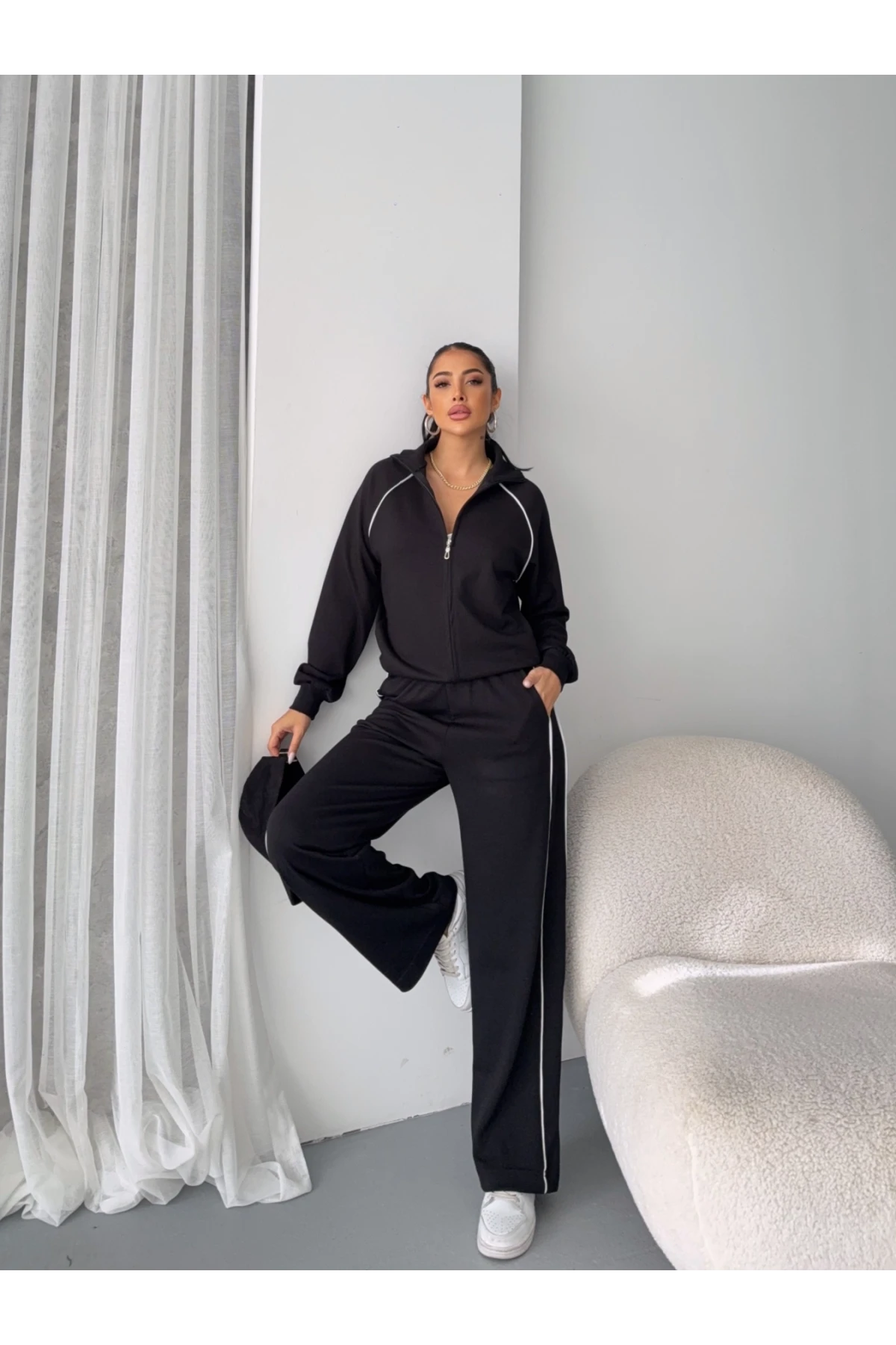 Modal Kumaş Şerit Detaylı Takım Siyah