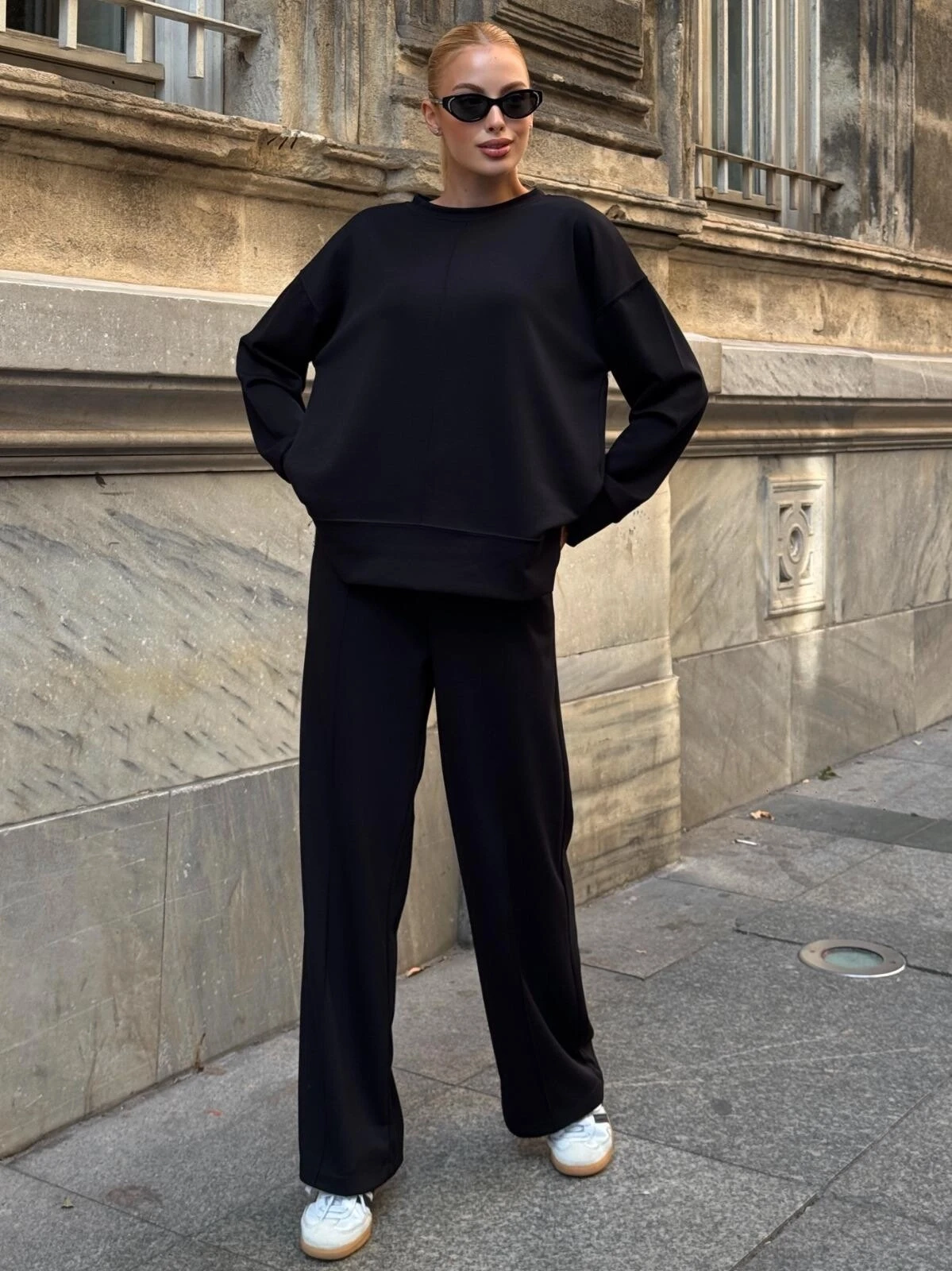 Modal Kumaş Siyah Oversize Sweat İkili Takım