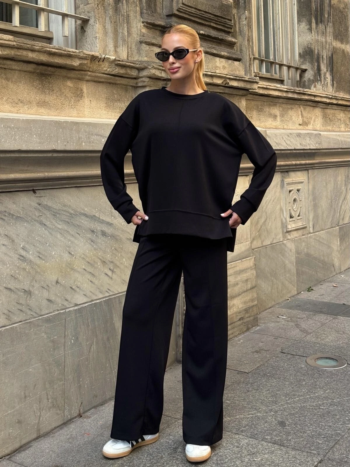 Modal Kumaş Siyah Oversize Sweat İkili Takım