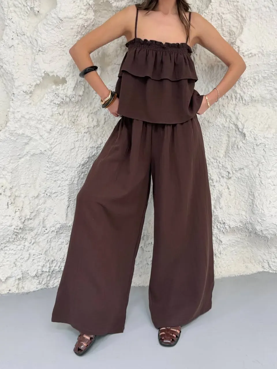 Müslin Kumaş Pantalon ve Askılı Bluz Alt Üst Takım