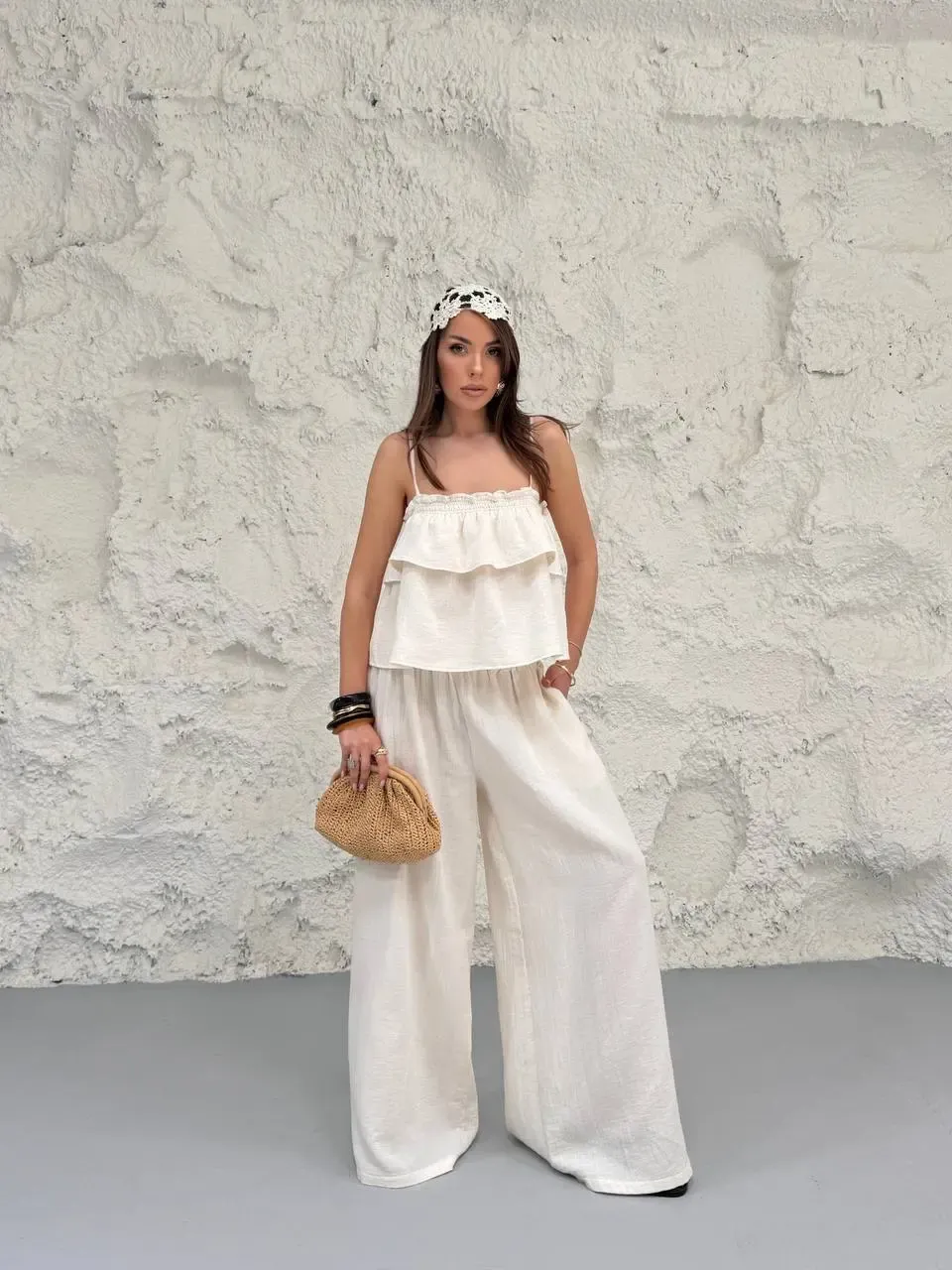 Müslin Kumaş Pantalon ve Askılı Bluz Alt Üst Takım
