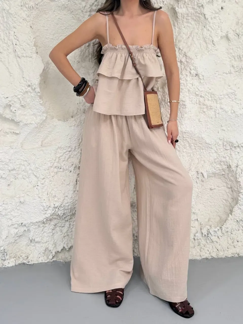 Müslin Kumaş Pantalon ve Askılı Bluz Alt Üst Takım