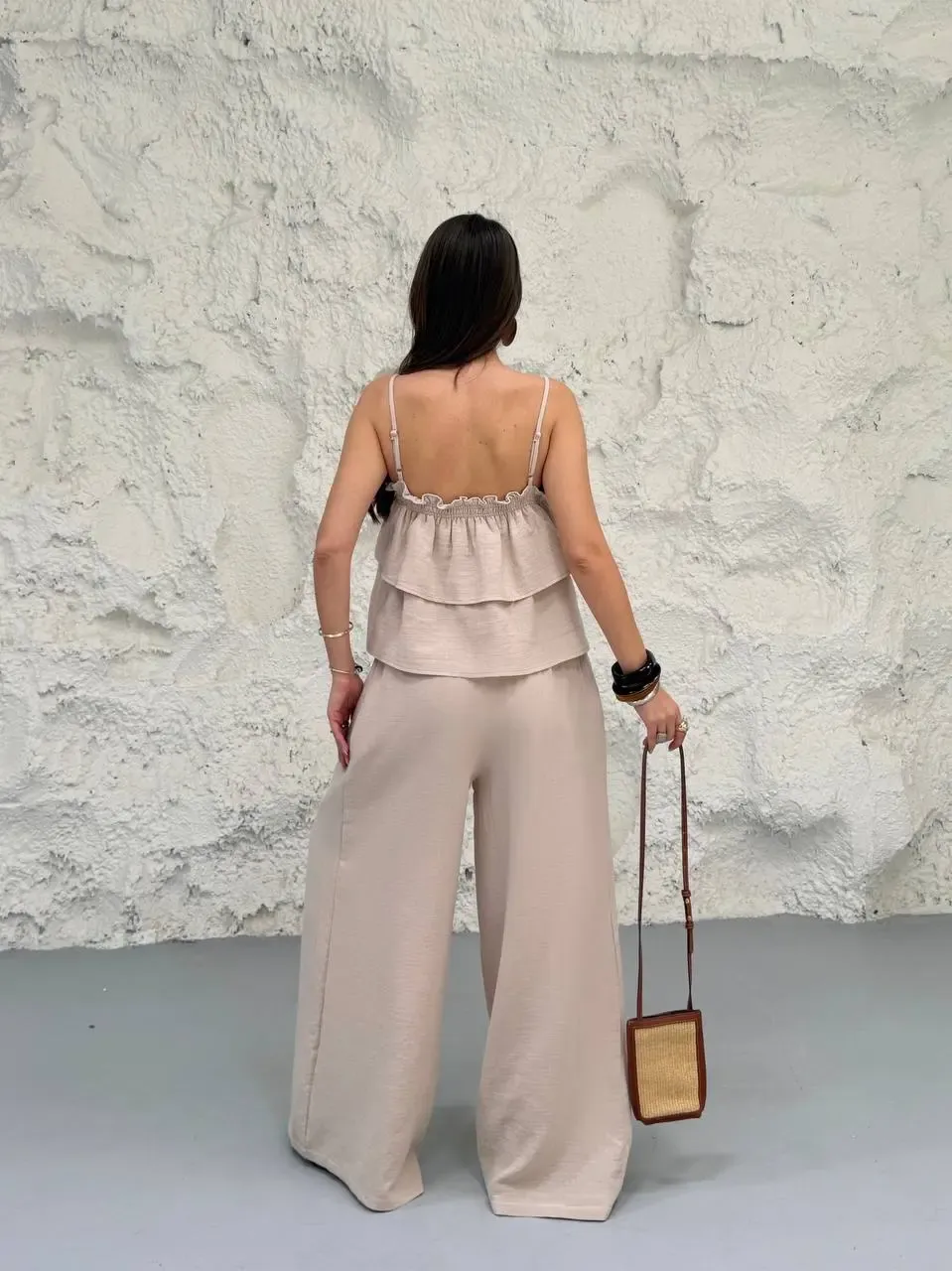 Müslin Kumaş Pantalon ve Askılı Bluz Alt Üst Takım